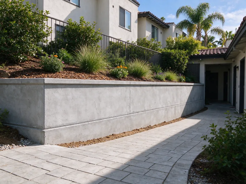 Retaining wall at the edge of an occupied apartment courtyard with a continuous clear walkway and doors visible beyond, no construction blocking the only exit; a wider view showing the route from the nearby paved access to the wall, Los Angeles setting