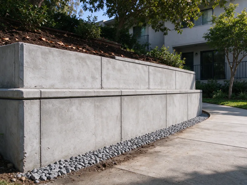 Retaining wall at the edge of an occupied apartment courtyard with a continuous clear walkway and doors visible beyond, no construction blocking the only exit; a low oblique view along the wall showing how the base meets the lower ground, Los Angeles setting