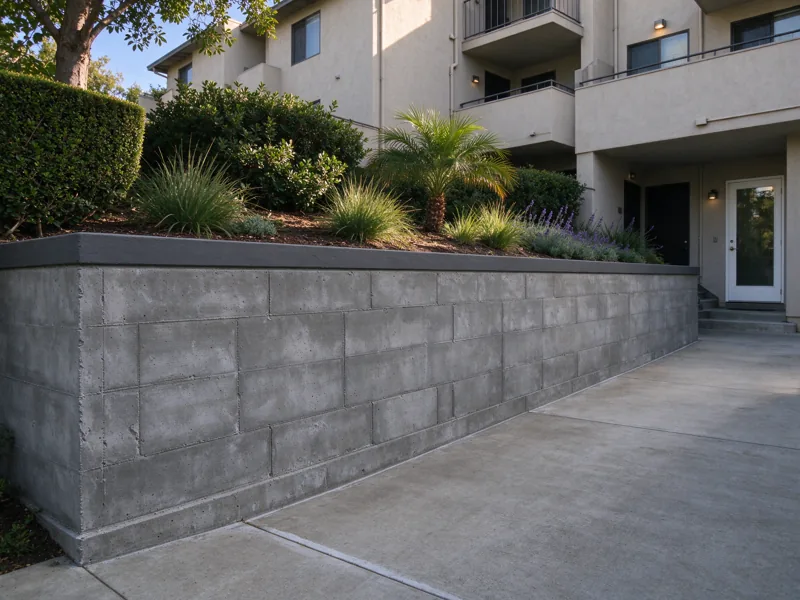 Retaining wall at the edge of an occupied apartment courtyard with a continuous clear walkway and doors visible beyond, no construction blocking the only exit; a view from the accessible side showing the upper planted grade meeting the wall cap, Los Angeles setting