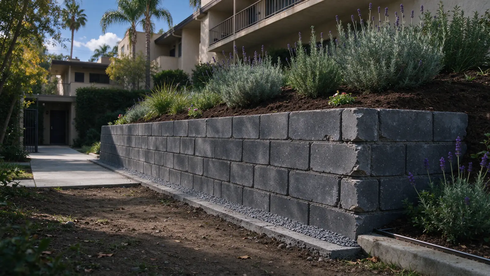 Retaining wall at the edge of an occupied apartment courtyard with a continuous clear walkway and doors visible beyond, no construction blocking the only exit, Los Angeles setting