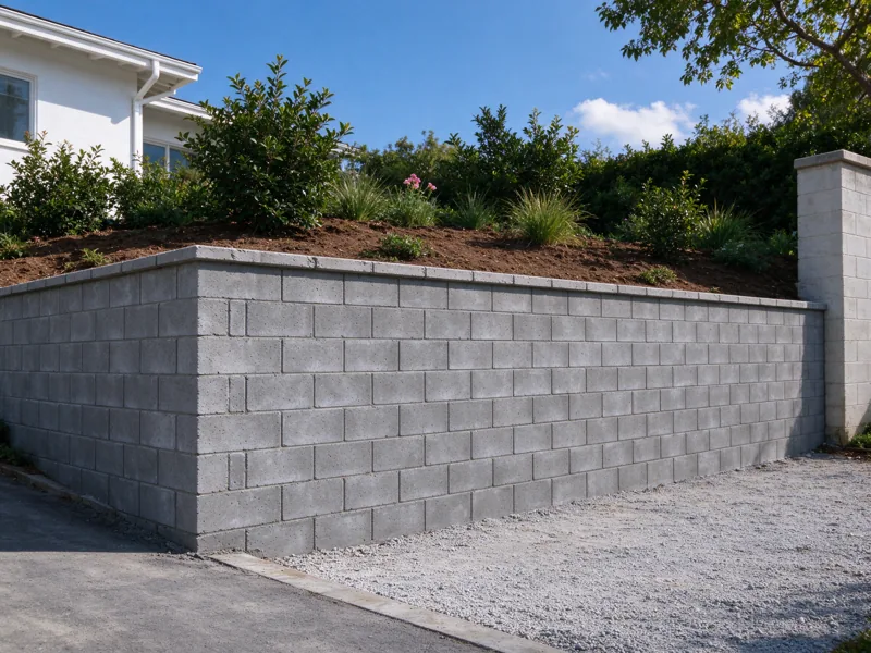Straight CMU retaining wall with staggered masonry joints and a continuous cap, a higher planted terrace behind and lower pedestrian path in front; a wider view showing the route from the nearby paved access to the wall, Los Angeles setting