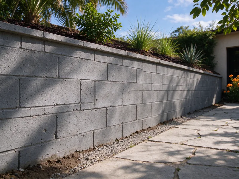 Straight CMU retaining wall with staggered masonry joints and a continuous cap, a higher planted terrace behind and lower pedestrian path in front; a low oblique view along the wall showing how the base meets the lower ground, Los Angeles setting