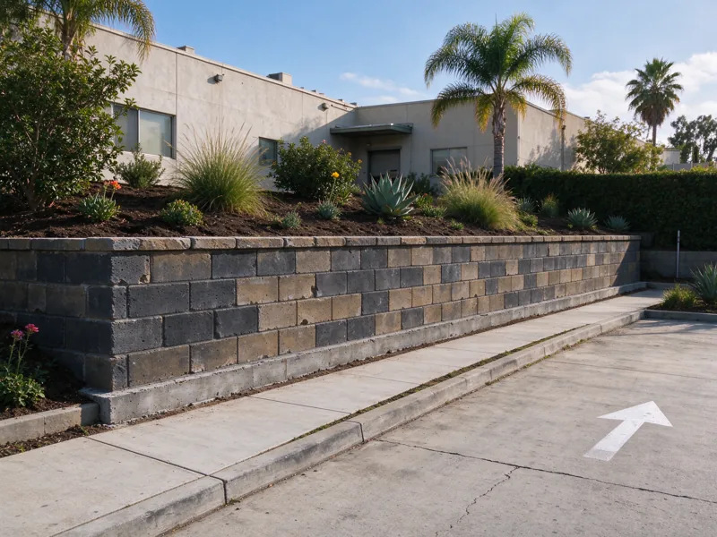 Retaining wall along an ordinary low-rise commercial property landscape edge, clear pedestrian walkway and parking separated from the planted retained ground; a wider view showing the route from the nearby paved access to the wall, Los Angeles setting