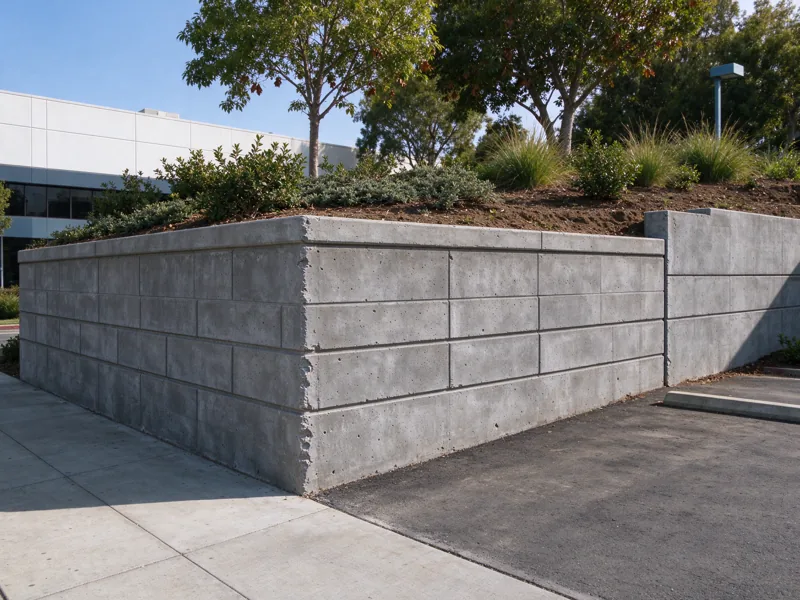 Retaining wall along an ordinary low-rise commercial property landscape edge, clear pedestrian walkway and parking separated from the planted retained ground; a view from the accessible side showing the upper planted grade meeting the wall cap, Los Angeles setting