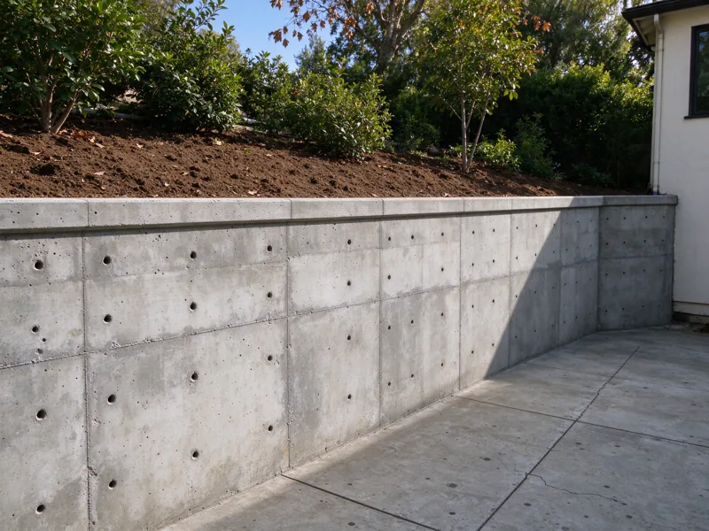 Formed concrete retaining wall with form-tie marks and continuous cap, higher planted soil on one side and lower courtyard on the other; a close view of the visible material joints, cap and natural wear, Los Angeles setting