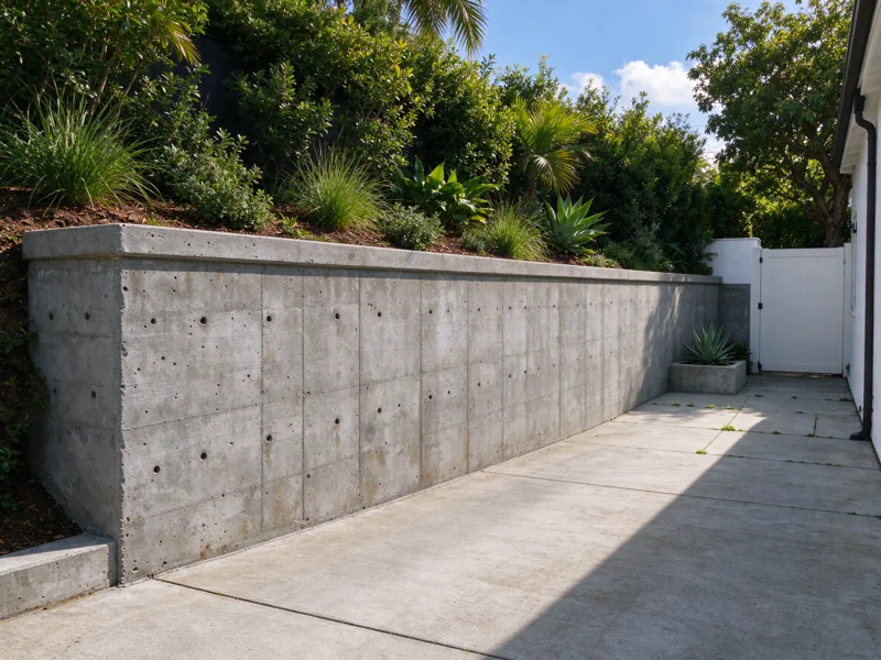 Formed concrete retaining wall with form-tie marks and continuous cap, higher planted soil on one side and lower courtyard on the other; a wider view showing the route from the nearby paved access to the wall, Los Angeles setting