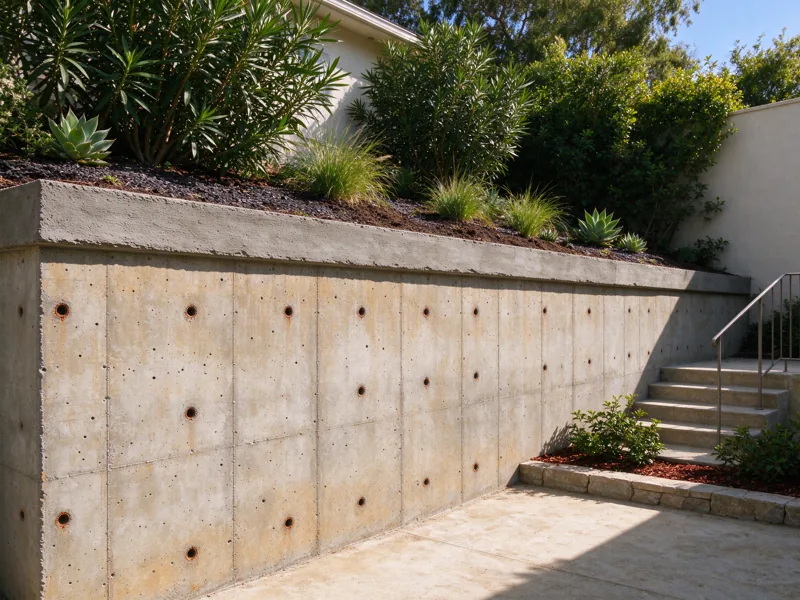 Formed concrete retaining wall with form-tie marks and continuous cap, higher planted soil on one side and lower courtyard on the other; a view from the accessible side showing the upper planted grade meeting the wall cap, Los Angeles setting