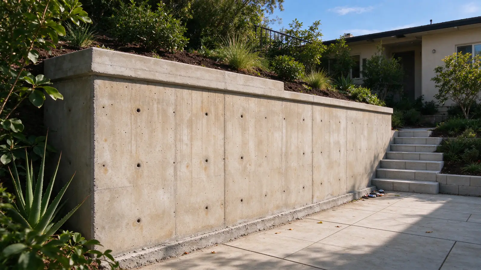 Formed concrete retaining wall with form-tie marks and continuous cap, higher planted soil on one side and lower courtyard on the other, Los Angeles setting