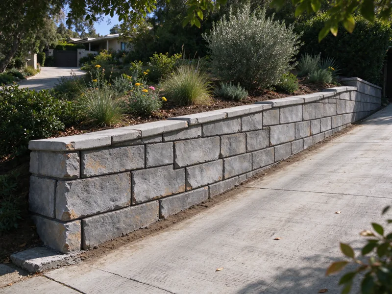 Retaining wall along the side of a gently sloping residential driveway, wall on the uphill side retaining planted ground, clear paved vehicle route alongside it; a close view of the visible material joints, cap and natural wear, Los Angeles setting