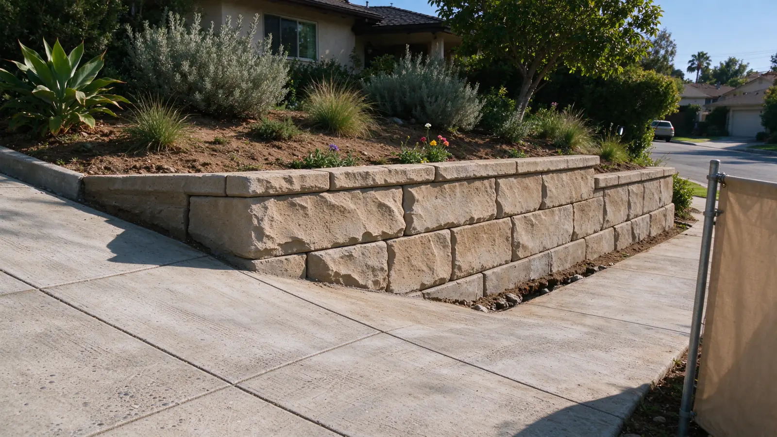Retaining wall along the side of a gently sloping residential driveway, wall on the uphill side retaining planted ground, clear paved vehicle route alongside it, Los Angeles setting