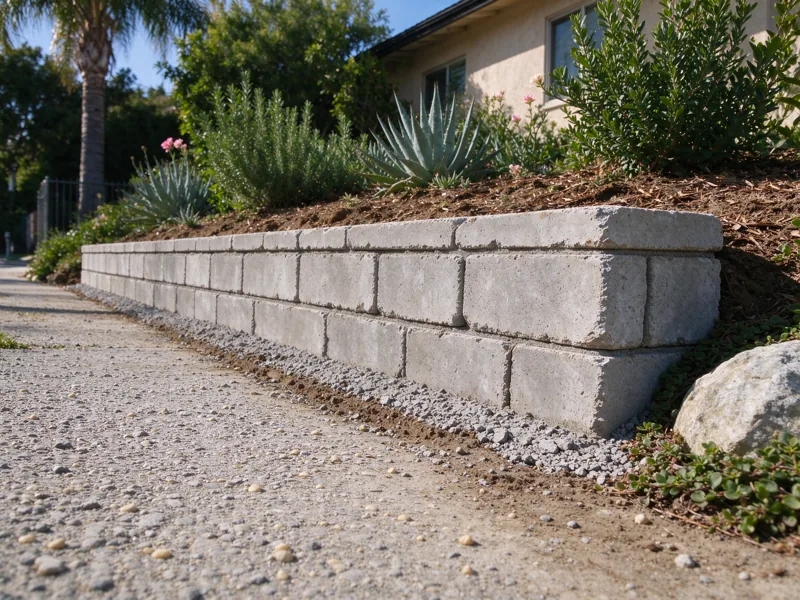 Low garden retaining wall holding a real small change in soil level, drought-tolerant planting above and a lower gravel walking path below; a low oblique view along the wall showing how the base meets the lower ground, Los Angeles setting