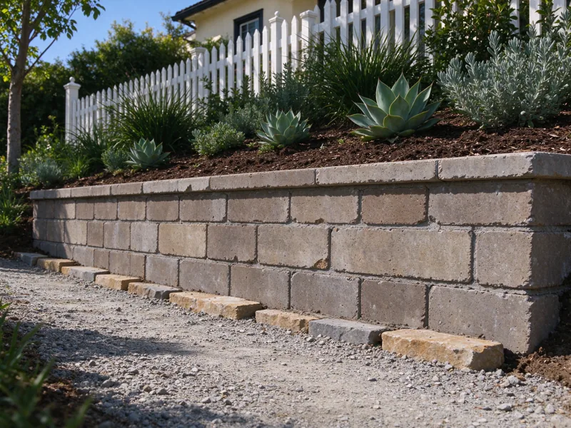 Low garden retaining wall holding a real small change in soil level, drought-tolerant planting above and a lower gravel walking path below; a view from the accessible side showing the upper planted grade meeting the wall cap, Los Angeles setting