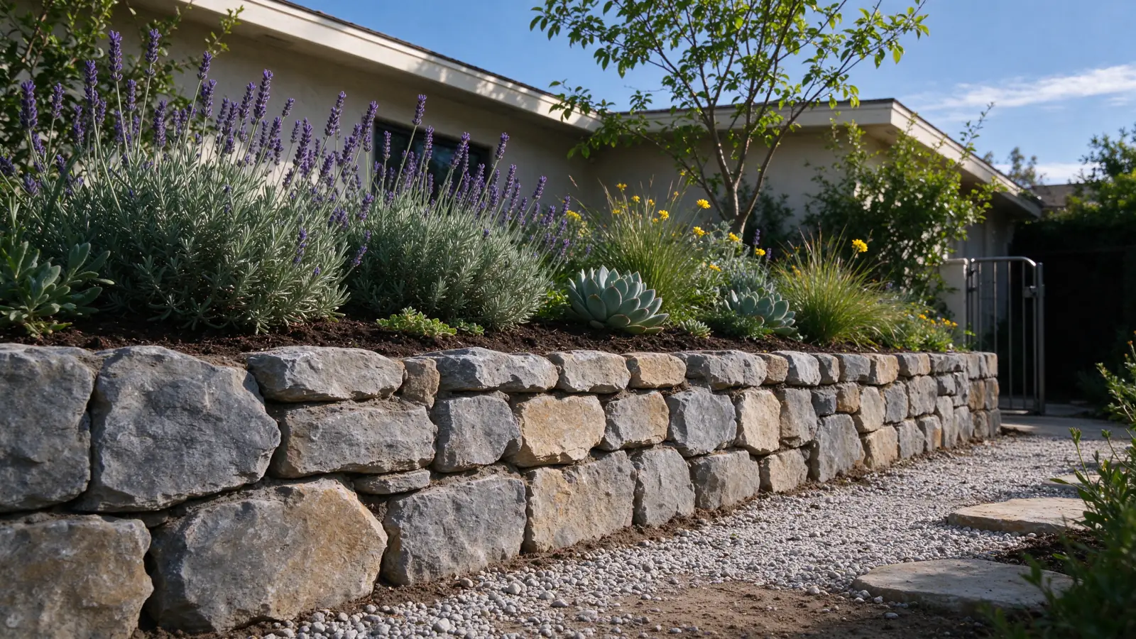 Low garden retaining wall holding a real small change in soil level, drought-tolerant planting above and a lower gravel walking path below, Los Angeles setting