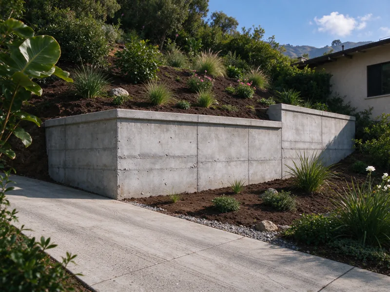 Modest concrete retaining wall beside a hillside home, supported along the lower grade with planted higher ground behind; a wider view showing the route from the nearby paved access to the wall, Los Angeles setting