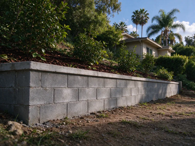 Modest concrete retaining wall beside a hillside home, supported along the lower grade with planted higher ground behind; a low oblique view along the wall showing how the base meets the lower ground, Los Angeles setting