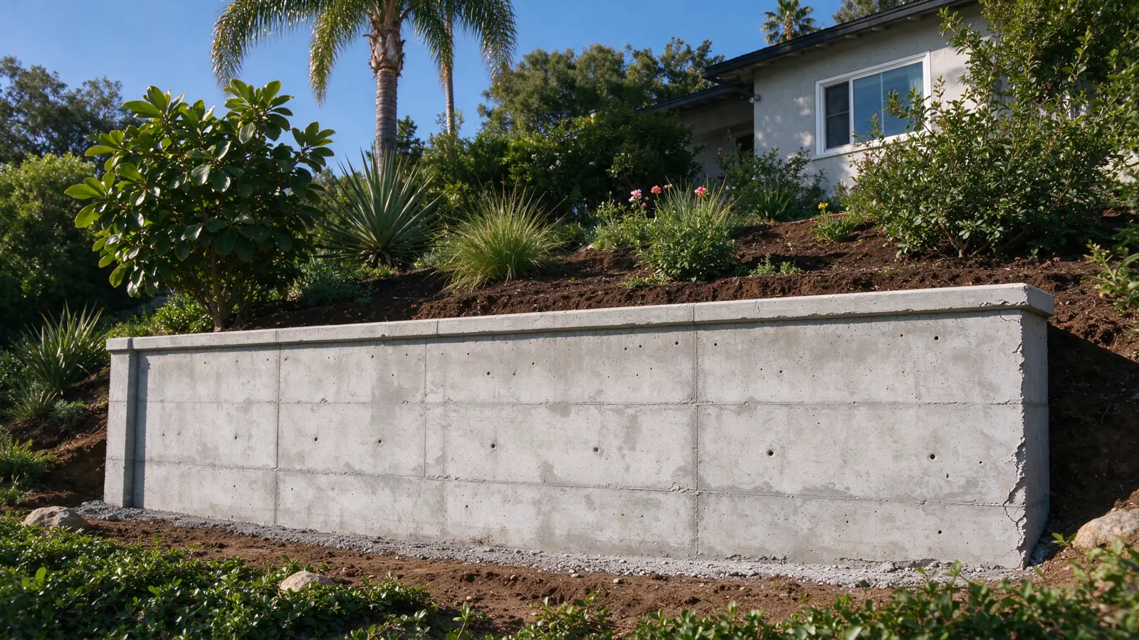 Modest concrete retaining wall beside a hillside home, supported along the lower grade with planted higher ground behind, Los Angeles setting