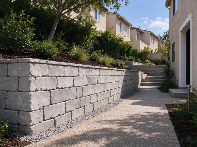 Low retaining wall alongside a shared landscaped pedestrian path between Los Angeles stucco townhomes, entrances and walking route clear, no signs or branding; a wider view showing the route from the nearby paved access to the wall, Los Angeles setting