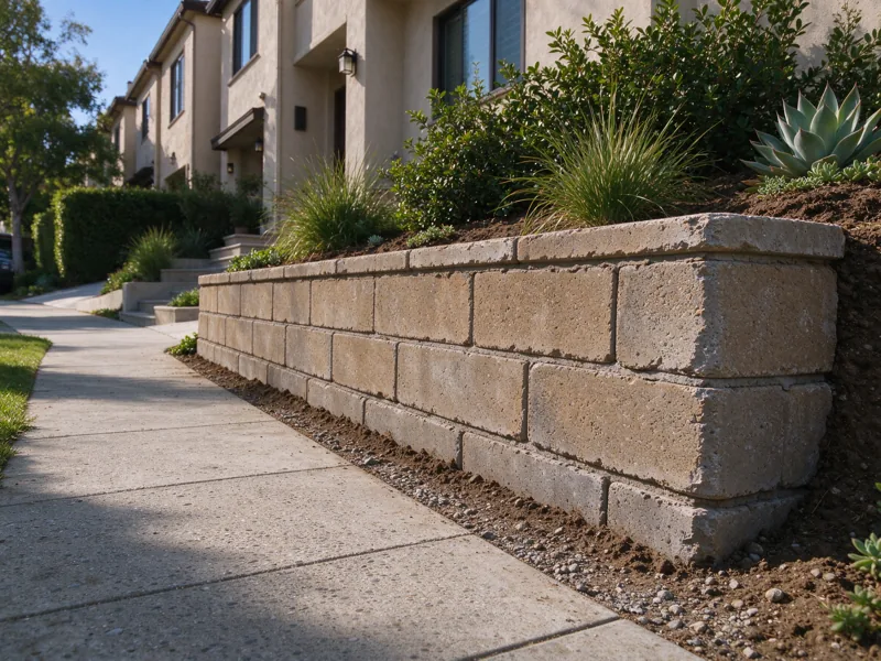 Low retaining wall alongside a shared landscaped pedestrian path between Los Angeles stucco townhomes, entrances and walking route clear, no signs or branding; a low oblique view along the wall showing how the base meets the lower ground, Los Angeles setting