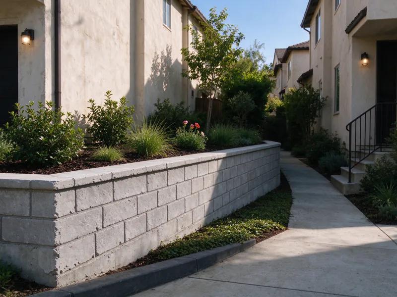 Low retaining wall alongside a shared landscaped pedestrian path between Los Angeles stucco townhomes, entrances and walking route clear, no signs or branding; a view from the accessible side showing the upper planted grade meeting the wall cap, Los Angeles setting