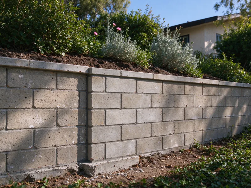 Masonry retaining wall with one small rebuilt section meeting older matching masonry at a visible vertical interface, continuous cap and supported soil behind; a close view of the visible material joints, cap and natural wear, Los Angeles setting