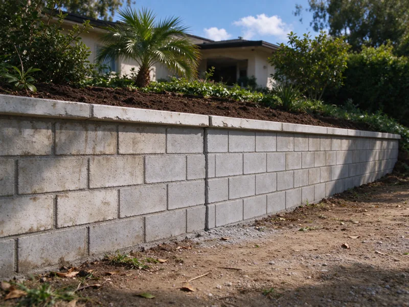 Masonry retaining wall with one small rebuilt section meeting older matching masonry at a visible vertical interface, continuous cap and supported soil behind; a low oblique view along the wall showing how the base meets the lower ground, Los Angeles setting