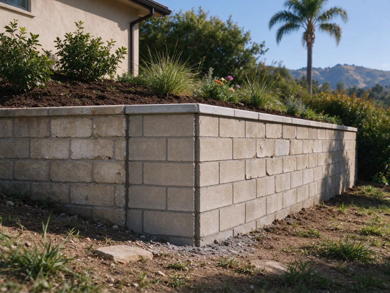 Masonry retaining wall with one small rebuilt section meeting older matching masonry at a visible vertical interface, continuous cap and supported soil behind; a view from the accessible side showing the upper planted grade meeting the wall cap, Los Angeles setting