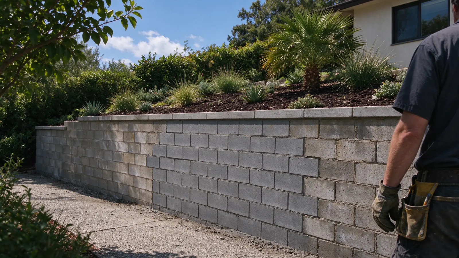 Masonry retaining wall with one small rebuilt section meeting older matching masonry at a visible vertical interface, continuous cap and supported soil behind, Los Angeles setting