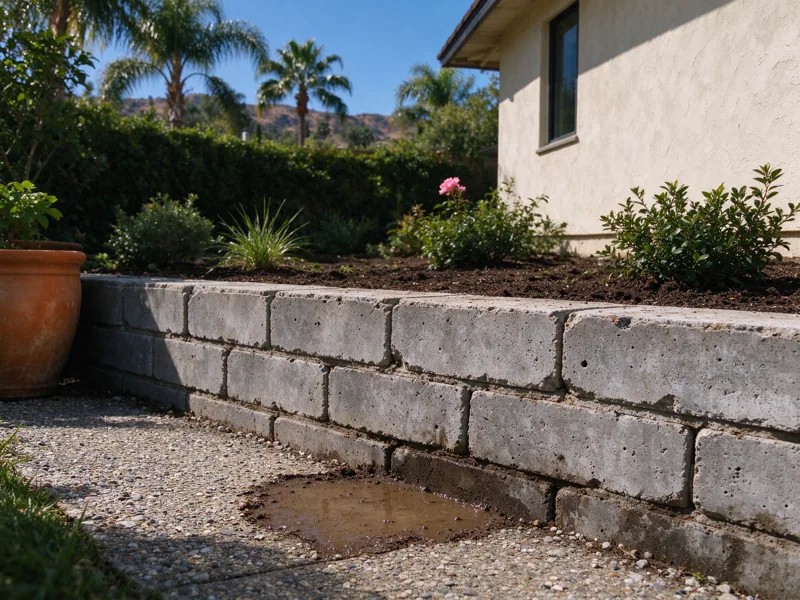 Wet patch beside a garden retaining wall before a drainage change, Los Angeles setting