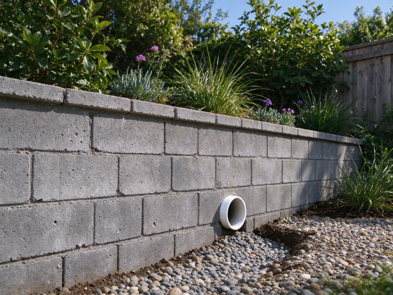 Existing low retaining wall with one clearly visible drain outlet near the base, outlet directed into a visible gravel-lined collection channel wholly within the garden; a low oblique view along the wall showing how the base meets the lower ground, Los Angeles setting