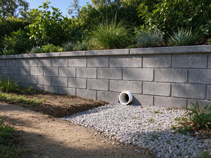 Existing low retaining wall with one clearly visible drain outlet near the base, outlet directed into a visible gravel-lined collection channel wholly within the garden; a view from the accessible side showing the upper planted grade meeting the wall cap, Los Angeles setting