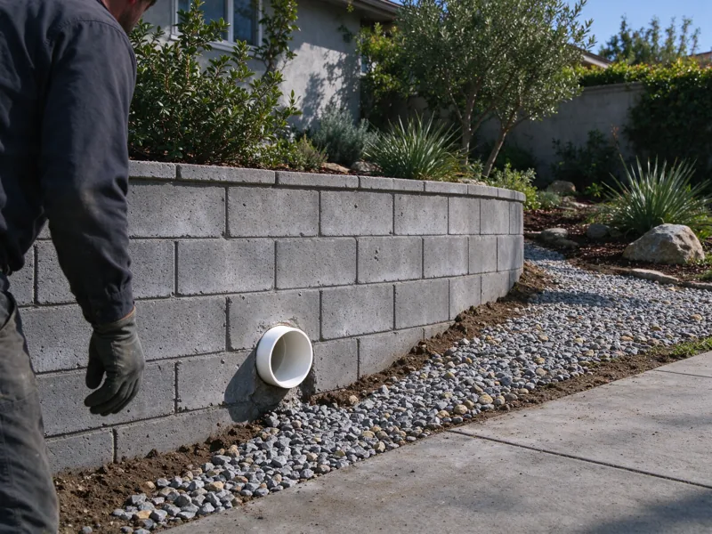 Low existing masonry retaining wall with a single accessible outlet and adjacent shallow collection channel, water route visible; a close view of the visible material joints, cap and natural wear, Los Angeles setting