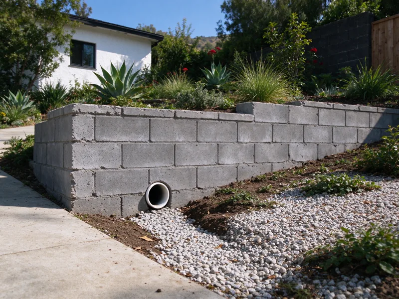 Low existing masonry retaining wall with a single accessible outlet and adjacent shallow collection channel, water route visible; a low oblique view along the wall showing how the base meets the lower ground, Los Angeles setting