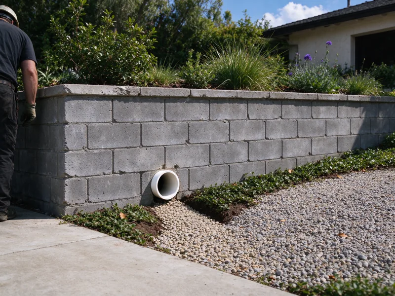 Low existing masonry retaining wall with a single accessible outlet and adjacent shallow collection channel, water route visible; a view from the accessible side showing the upper planted grade meeting the wall cap, Los Angeles setting