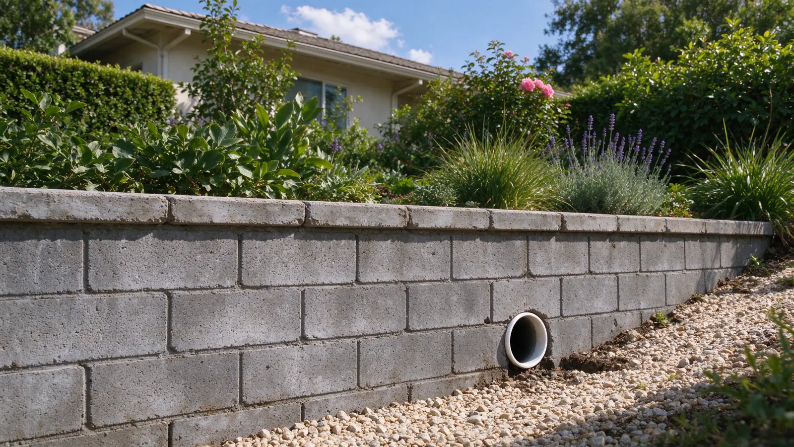 Low existing masonry retaining wall with a single accessible outlet and adjacent shallow collection channel, water route visible, Los Angeles setting