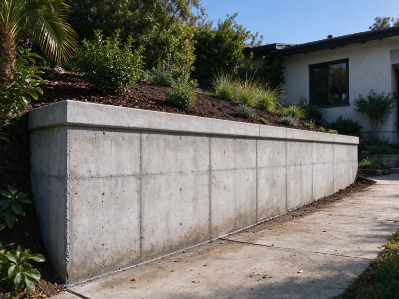Finished reinforced concrete retaining wall supporting a modest planted grade beside a Los Angeles stucco house; wall base meets the lower paved path and top meets the higher soil grade; a close view of the visible material joints, cap and natural wear, Los Angeles setting