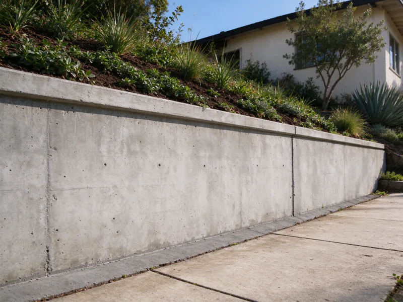 Finished reinforced concrete retaining wall supporting a modest planted grade beside a Los Angeles stucco house; wall base meets the lower paved path and top meets the higher soil grade; a low oblique view along the wall showing how the base meets the lower ground, Los Angeles setting