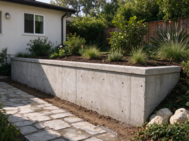 Finished reinforced concrete retaining wall supporting a modest planted grade beside a Los Angeles stucco house; wall base meets the lower paved path and top meets the higher soil grade; a view from the accessible side showing the upper planted grade meeting the wall cap, Los Angeles setting