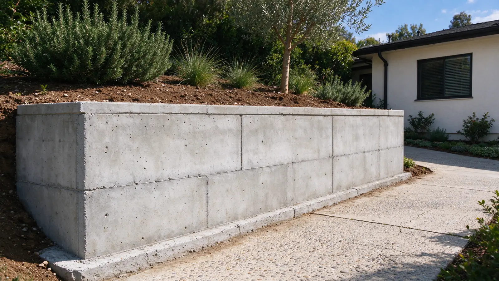 Finished reinforced concrete retaining wall supporting a modest planted grade beside a Los Angeles stucco house; wall base meets the lower paved path and top meets the higher soil grade, Los Angeles setting
