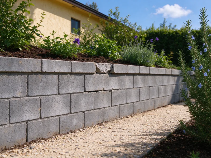 CMU garden wall with a chipped cap and damaged mortar before repair, Los Angeles setting