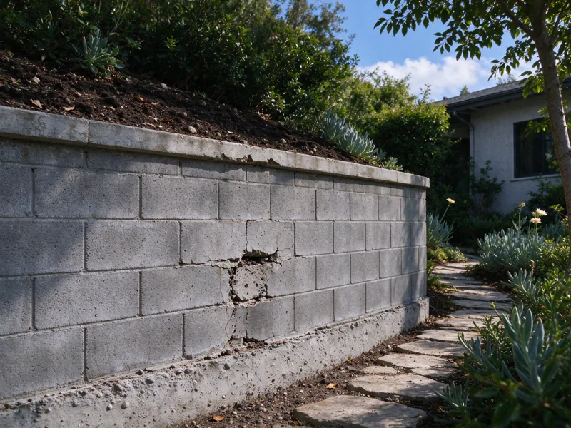 Short CMU retaining wall beside a residential path, with one weathered mortar joint and chipped cap visible; wall remains upright, ground is continuous; a close view of the visible material joints, cap and natural wear, Los Angeles setting