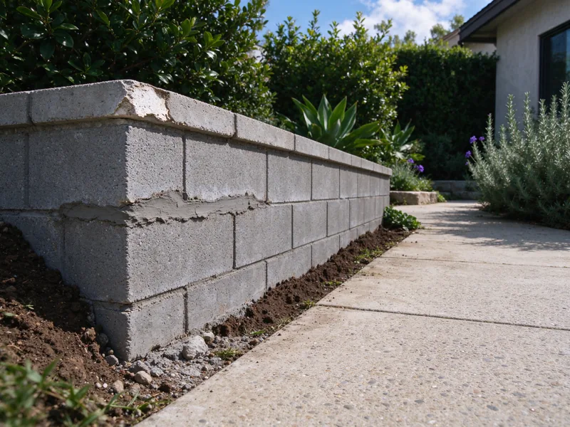 Short CMU retaining wall beside a residential path, with one weathered mortar joint and chipped cap visible; wall remains upright, ground is continuous; a low oblique view along the wall showing how the base meets the lower ground, Los Angeles setting