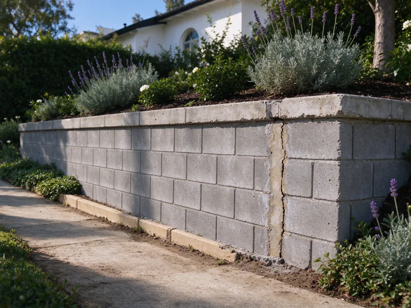 Short CMU retaining wall beside a residential path, with one weathered mortar joint and chipped cap visible; wall remains upright, ground is continuous; a view from the accessible side showing the upper planted grade meeting the wall cap, Los Angeles setting