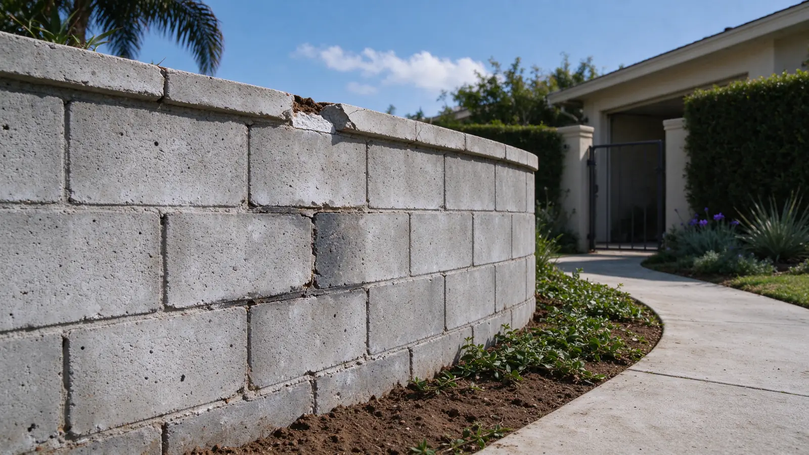 Short CMU retaining wall beside a residential path, with one weathered mortar joint and chipped cap visible; wall remains upright, ground is continuous, Los Angeles setting