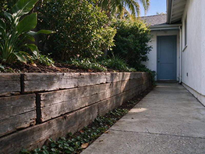 Weathered timber retaining wall beside a garden path before replacement, Los Angeles setting