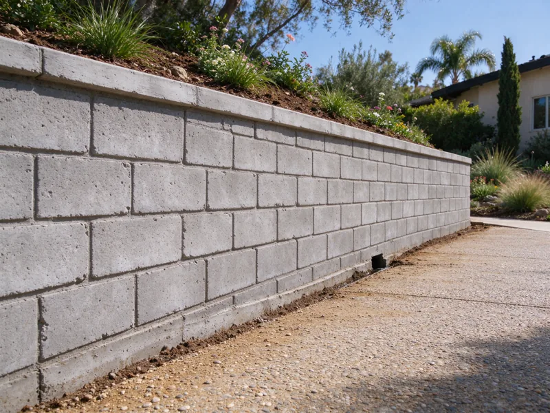 Completed masonry retaining wall along a garden edge with reinstated soil above and a clean accessible path below, ordinary tool marks and material joints; a low oblique view along the wall showing how the base meets the lower ground, Los Angeles setting