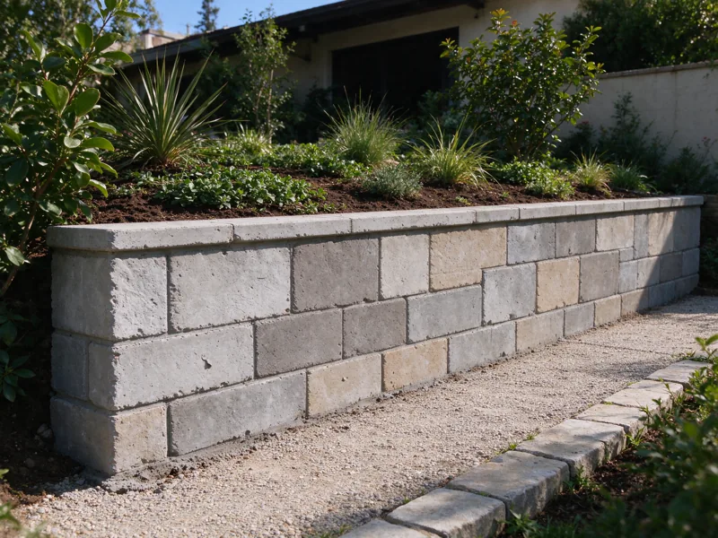 Completed masonry retaining wall along a garden edge with reinstated soil above and a clean accessible path below, ordinary tool marks and material joints; a view from the accessible side showing the upper planted grade meeting the wall cap, Los Angeles setting