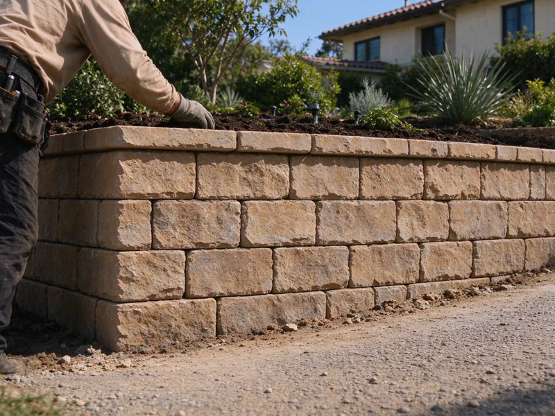 Low segmental retaining wall with staggered blocks, modest consistent setback and fitted cap units, supporting a shallow garden terrace; a close view of the visible material joints, cap and natural wear, Los Angeles setting
