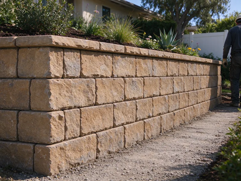 Low segmental retaining wall with staggered blocks, modest consistent setback and fitted cap units, supporting a shallow garden terrace; a wider view showing the route from the nearby paved access to the wall, Los Angeles setting
