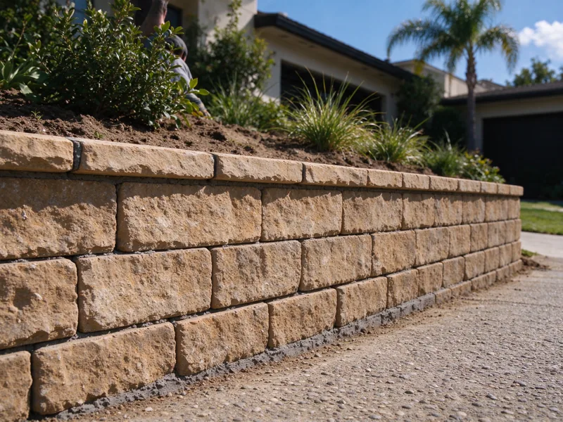 Low segmental retaining wall with staggered blocks, modest consistent setback and fitted cap units, supporting a shallow garden terrace; a view from the accessible side showing the upper planted grade meeting the wall cap, Los Angeles setting