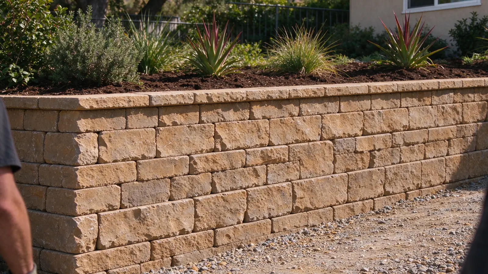 Low segmental retaining wall with staggered blocks, modest consistent setback and fitted cap units, supporting a shallow garden terrace, Los Angeles setting